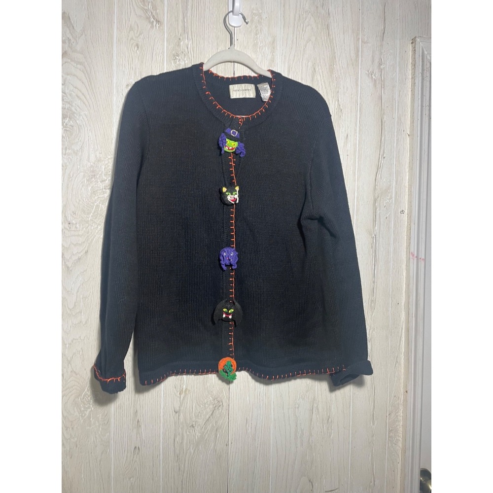 Vintage Halloween Cardigan Sweater large Lemon Grass Witch Cat Pumpkin Novelty